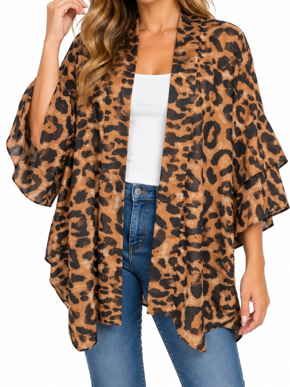 SO Leopard Print Open Front Kimono - Brown and Black